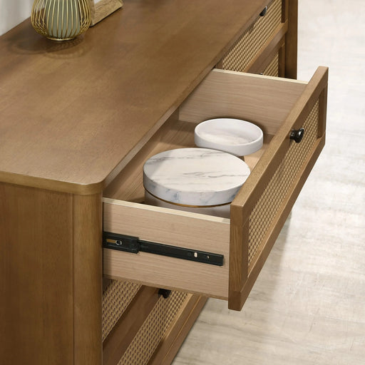 Vichy 5-Piece Rubberwood Bedroom Set with Textured Polyester Upholstered Queen Bed, Dresser, Mirror, Nightstand, and Chest Default -DTYStore