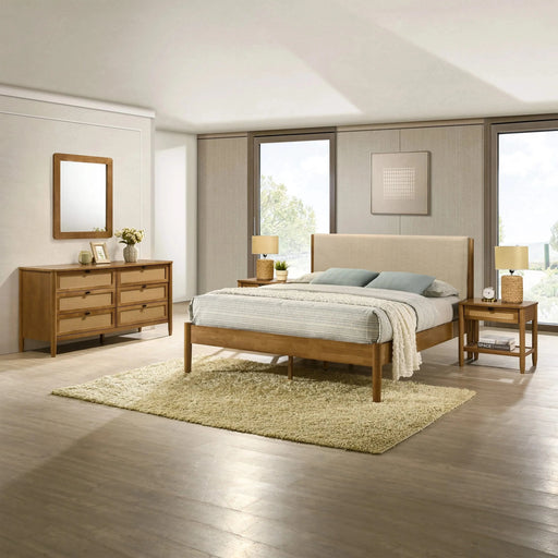 Vichy 5-Piece Rubberwood Bedroom Set with Textured Polyester Upholstered Queen Bed, Dresser, Mirror, and 2 Nightstands Default -DTYStore