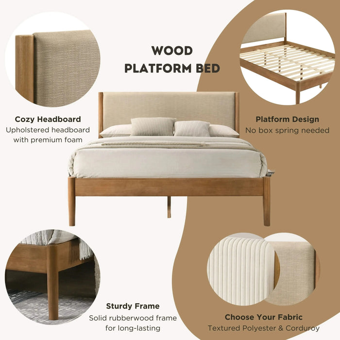 Vichy 5-Piece Rubberwood Bedroom Set with Textured Polyester Upholstered Queen Bed, Dresser, Mirror, and 2 Nightstands Default -DTYStore
