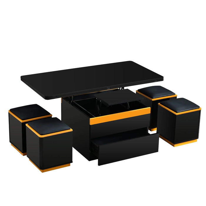 [Video Provided] U-Can Lift-Top Coffee Table with 4 Storage Stools, Modern Space Saving Center Table with Foldable Top, Multi-Functional Adjustable Coffee Table for Living Room Default -DTYStore