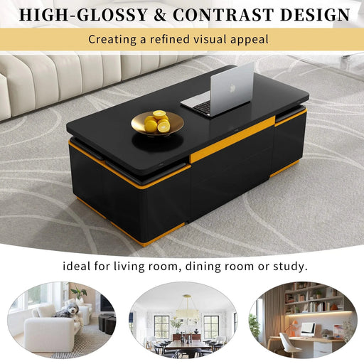 [Video Provided] U-Can Lift-Top Coffee Table with 4 Storage Stools, Modern Space Saving Center Table with Foldable Top, Multi-Functional Adjustable Coffee Table for Living Room Default -DTYStore