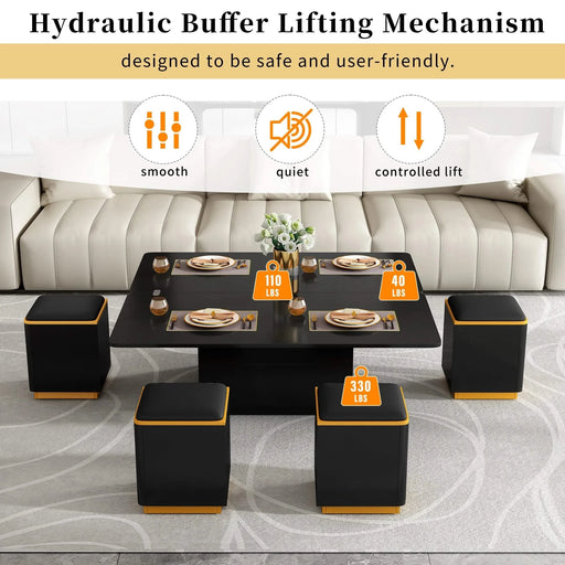 [Video Provided] U-Can Lift-Top Coffee Table with 4 Storage Stools, Modern Space Saving Center Table with Foldable Top, Multi-Functional Adjustable Coffee Table for Living Room Default -DTYStore