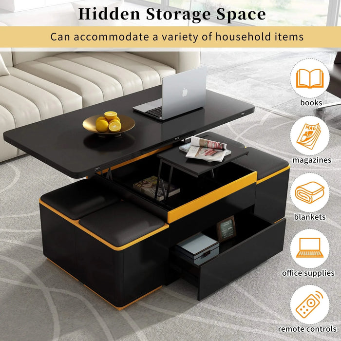 [Video Provided] U-Can Lift-Top Coffee Table with 4 Storage Stools, Modern Space Saving Center Table with Foldable Top, Multi-Functional Adjustable Coffee Table for Living Room Default -DTYStore