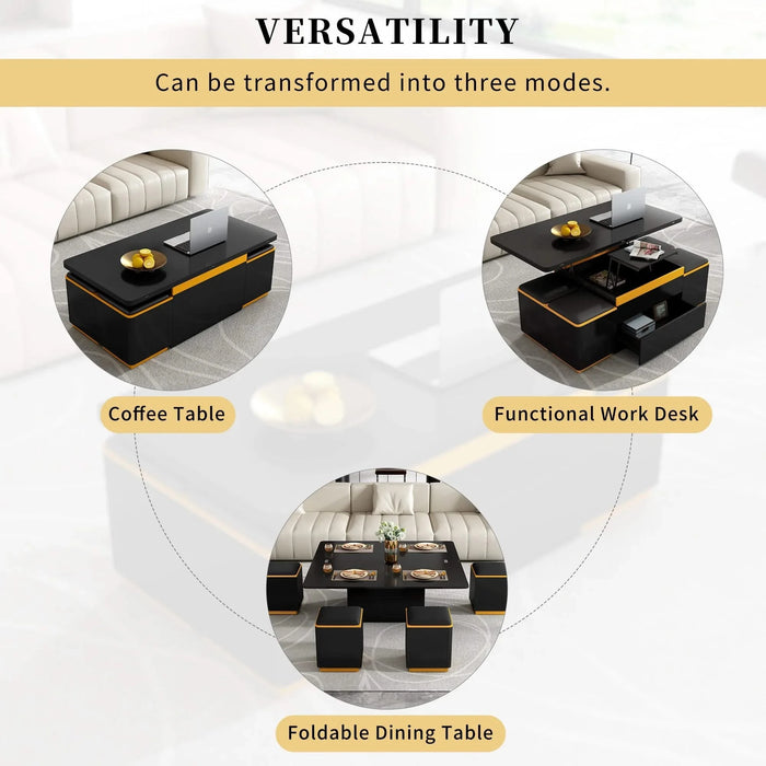 [Video Provided] U-Can Lift-Top Coffee Table with 4 Storage Stools, Modern Space Saving Center Table with Foldable Top, Multi-Functional Adjustable Coffee Table for Living Room Default -DTYStore