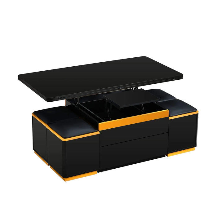 [Video Provided] U-Can Lift-Top Coffee Table with 4 Storage Stools, Modern Space Saving Center Table with Foldable Top, Multi-Functional Adjustable Coffee Table for Living Room Default -DTYStore