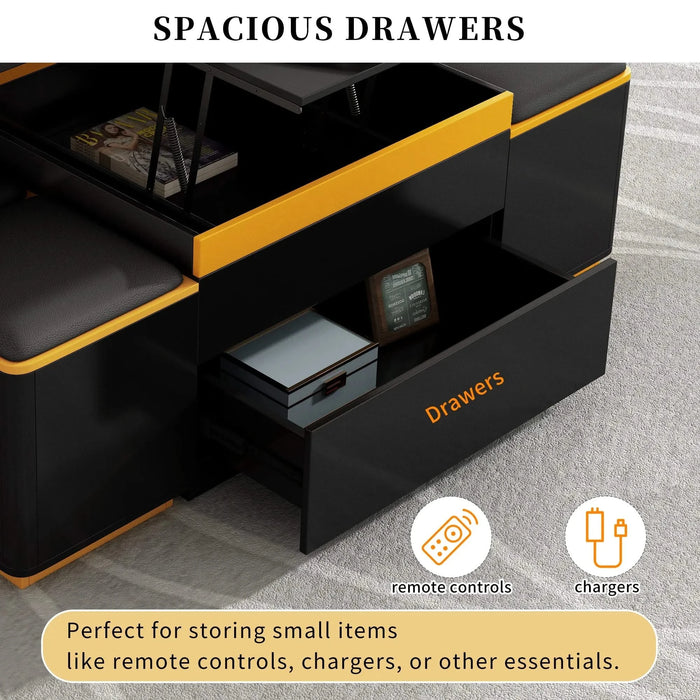 [Video Provided] U-Can Lift-Top Coffee Table with 4 Storage Stools, Modern Space Saving Center Table with Foldable Top, Multi-Functional Adjustable Coffee Table for Living Room Default -DTYStore