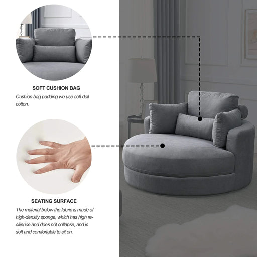 [Video] Welike Swivel Accent Barrel Modern Dark Grey Sofa Lounge Club Big Round Chair with Storage Ottoman Linen Fabric for Living Room Hotel with Pillows Default -DTYStore