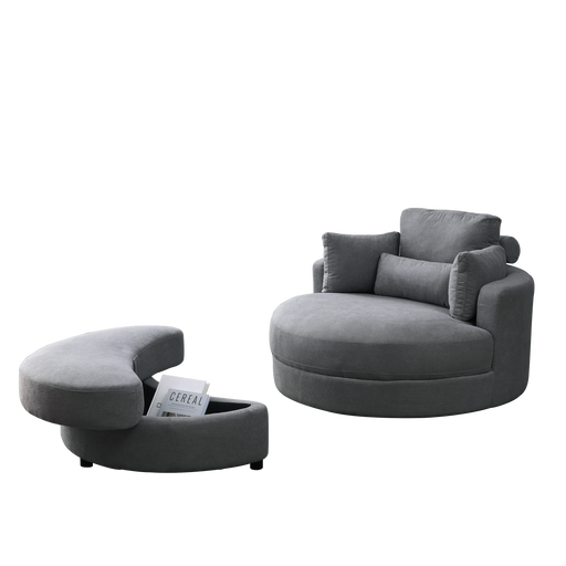 [Video] Welike Swivel Accent Barrel Modern Dark Grey Sofa Lounge Club Big Round Chair with Storage Ottoman Linen Fabric for Living Room Hotel with Pillows Default -DTYStore