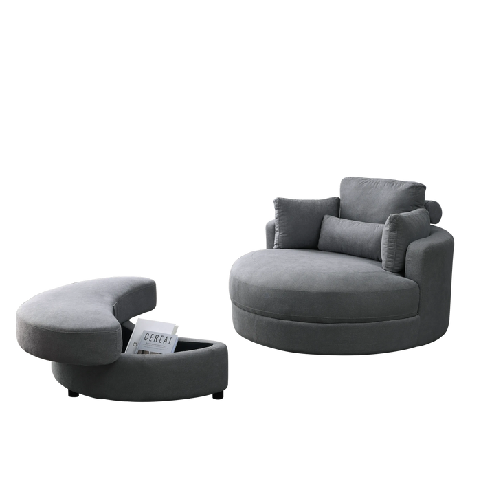 [Video] Welike Swivel Accent Barrel Modern Dark Grey Sofa Lounge Club Big Round Chair with Storage Ottoman Linen Fabric for Living Room Hotel with Pillows Default -DTYStore