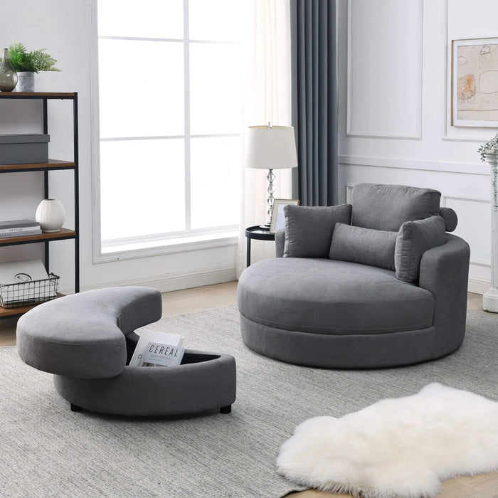 [Video] Welike Swivel Accent Barrel Modern Dark Grey Sofa Lounge Club Big Round Chair with Storage Ottoman Linen Fabric for Living Room Hotel with Pillows Default -DTYStore