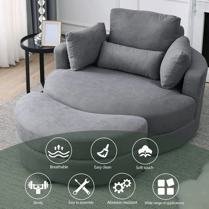 [Video] Welike Swivel Accent Barrel Modern Dark Grey Sofa Lounge Club Big Round Chair with Storage Ottoman Linen Fabric for Living Room Hotel with Pillows Default -DTYStore