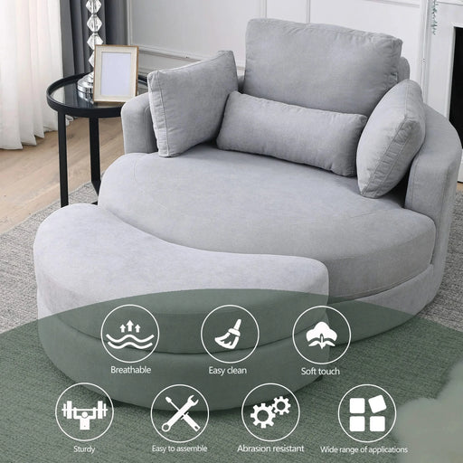 [Video] Welike Swivel Accent Barrel Modern Grey Sofa Lounge Club Big Round Chair with Storage Ottoman Linen Fabric for Living Room Hotel with Pillows Default -DTYStore