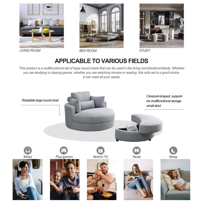 [Video] Welike Swivel Accent Barrel Modern Grey Sofa Lounge Club Big Round Chair with Storage Ottoman Linen Fabric for Living Room Hotel with Pillows Default -DTYStore