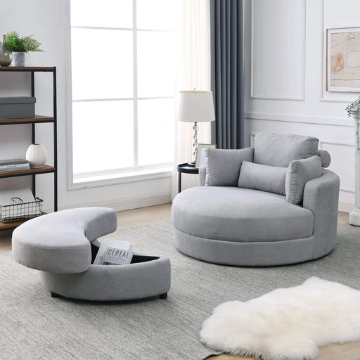 [Video] Welike Swivel Accent Barrel Modern Grey Sofa Lounge Club Big Round Chair with Storage Ottoman Linen Fabric for Living Room Hotel with Pillows Default -DTYStore