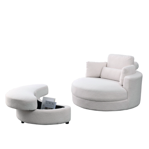 [Video] Welike Swivel Accent Barrel Modern Sofa Lounge Club Big Round Chair with Storage Ottoman Linen Fabric for Living Room Hotel with Pillows,Teddy White (Ivory) Default -DTYStore