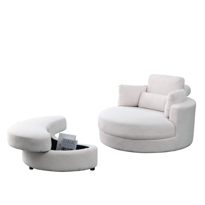 [Video] Welike Swivel Accent Barrel Modern Sofa Lounge Club Big Round Chair with Storage Ottoman Linen Fabric for Living Room Hotel with Pillows,Teddy White (Ivory) Default -DTYStore