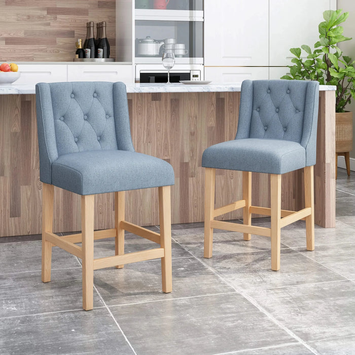 Vienna Contemporary Fabric Tufted Wingback 27 Inch Counter Stools, Set of 2, Light Blue and Natural Default -DTYStore