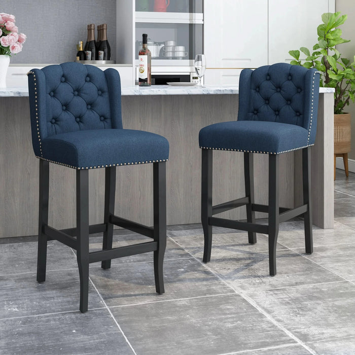 Vienna Contemporary Fabric Tufted Wingback 31 Inch Counter Stools, Set of 2, Navy Blue and Dark Brown Default -DTYStore