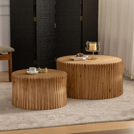 Vintage Fashion Style Cylindrical Nesting Coffee Table Set with Vertical Textured Embossed Design in Natural MDF and Fir Default -DTYStore