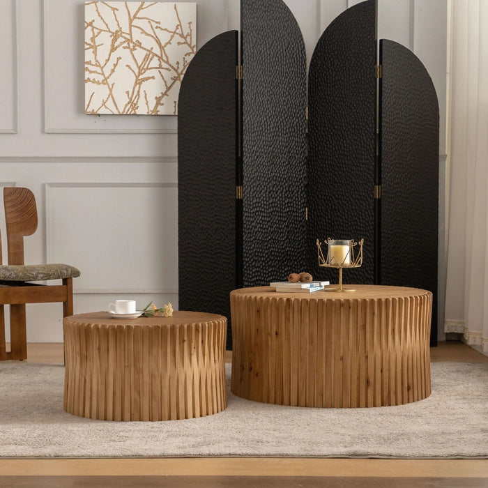Vintage Fashion Style Cylindrical Nesting Coffee Table Set with Vertical Textured Embossed Design in Natural MDF and Fir Default -DTYStore