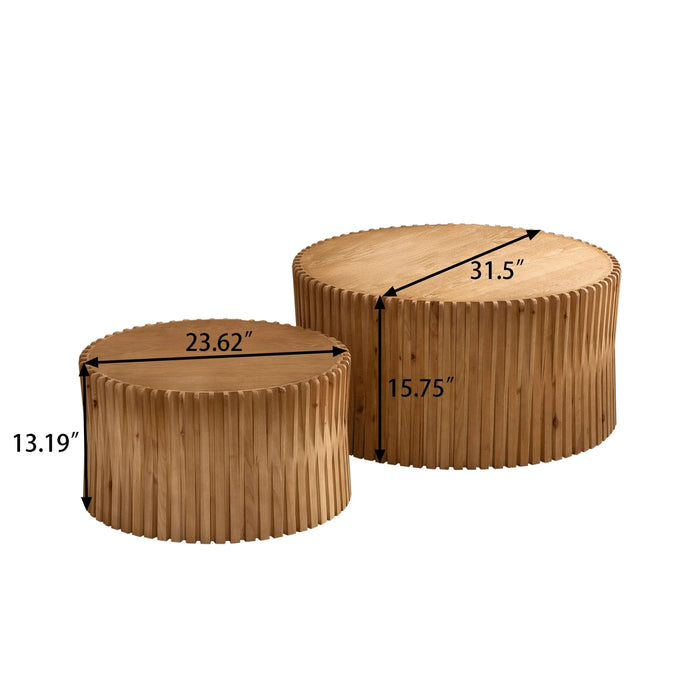 Vintage Fashion Style Cylindrical Nesting Coffee Table Set with Vertical Textured Embossed Design in Natural MDF and Fir Default -DTYStore