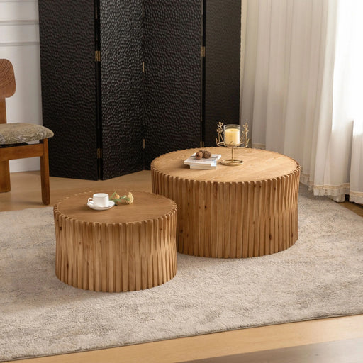 Vintage Fashion Style Cylindrical Nesting Coffee Table Set with Vertical Textured Embossed Design in Natural MDF and Fir Default -DTYStore