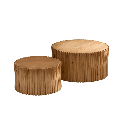 Vintage Fashion Style Cylindrical Nesting Coffee Table Set with Vertical Textured Embossed Design in Natural MDF and Fir Default -DTYStore