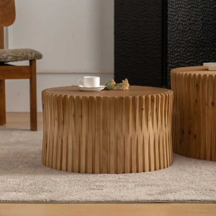 Vintage Fashion Style Cylindrical Nesting Coffee Table Set with Vertical Textured Embossed Design in Natural MDF and Fir Default -DTYStore