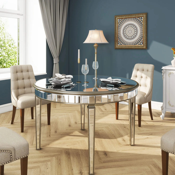 Vintage Round Glass Dining Table with Mirror Top, Silver, MDF and Glass, 47.24' Diameter Default -DTYStore
