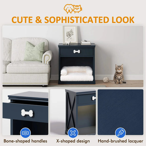 Vintage Small Storage Cabinet with Led Light and Pet Bed, Hidden Cat Litter Box with Drawer and Semi-Open Space Default -DTYStore