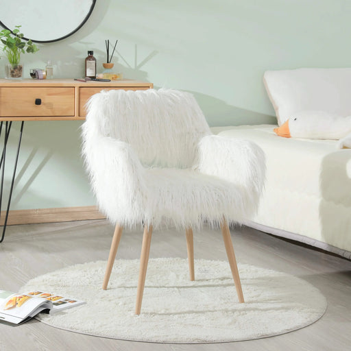 WHITE Faux Fur Upholstered Make up chair Side Dining Chair with Metal Leg(WHITE+Beech Metal Leg) Default -DTYStore