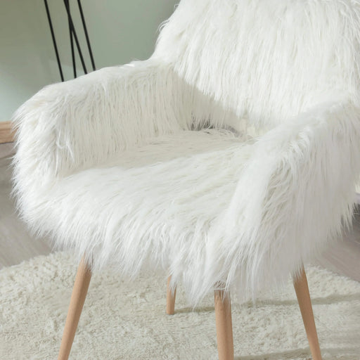 WHITE Faux Fur Upholstered Make up chair Side Dining Chair with Metal Leg(WHITE+Beech Metal Leg) Default -DTYStore