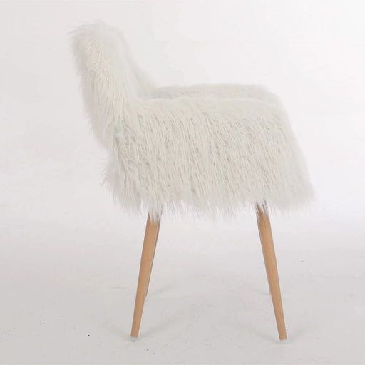 WHITE Faux Fur Upholstered Make up chair Side Dining Chair with Metal Leg(WHITE+Beech Metal Leg) Default -DTYStore