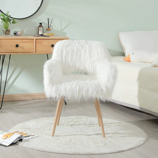 WHITE Faux Fur Upholstered Make up chair Side Dining Chair with Metal Leg(WHITE+Beech Metal Leg) Default -DTYStore