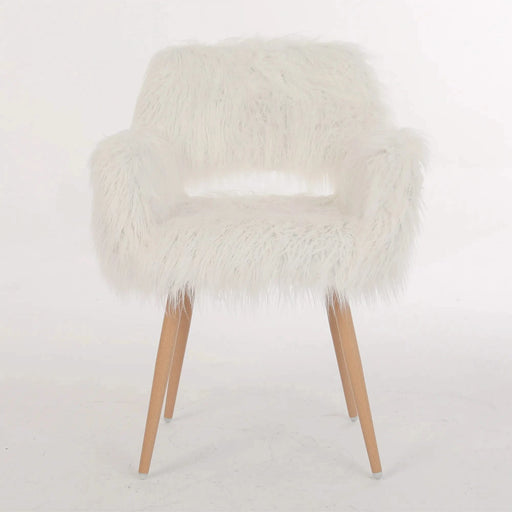WHITE Faux Fur Upholstered Make up chair Side Dining Chair with Metal Leg(WHITE+Beech Metal Leg) Default -DTYStore