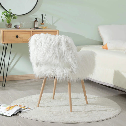 WHITE Faux Fur Upholstered Make up chair Side Dining Chair with Metal Leg(WHITE+Beech Metal Leg) Default -DTYStore