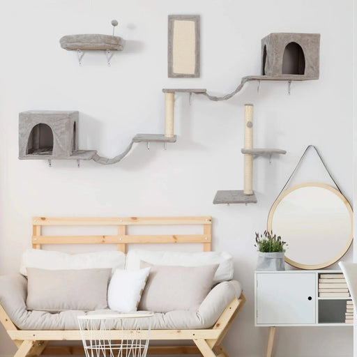 Wall-mounted Cat Tree, Cat Furniture with 2 Cat Condos House, 3 Cat Wall Shelves, 2 Ladder, 1 Cat Perch, Sisal Cat Scratching Posts and Pad Default -DTYStore