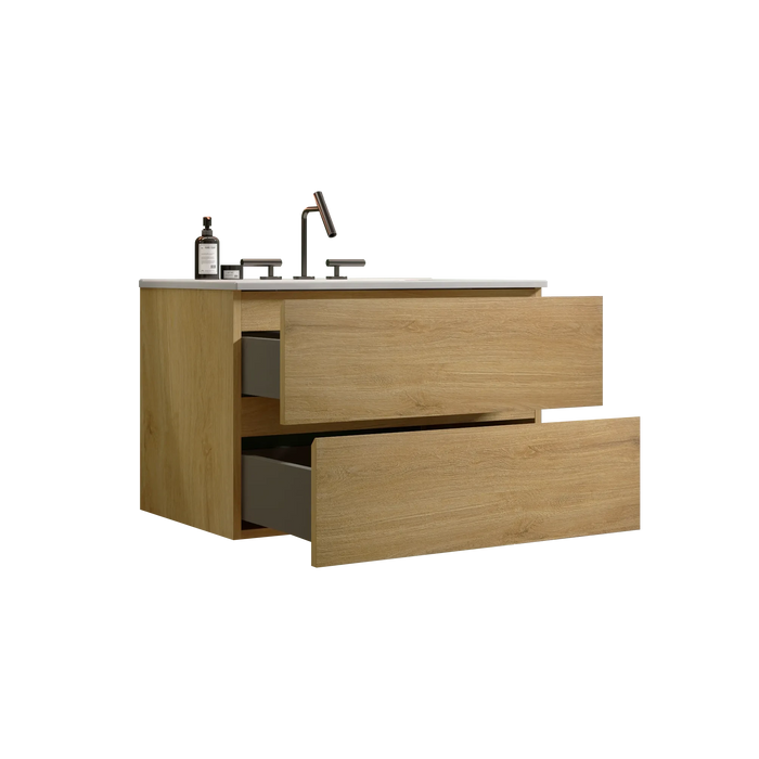 Wall Mount 30' Natural Oak Bathroom Vanity with Ceramic Sink with three faucet holes, Large Storage Floating Bathroom Vanity for Modern Bathroom, Pre-assembled Default -DTYStore