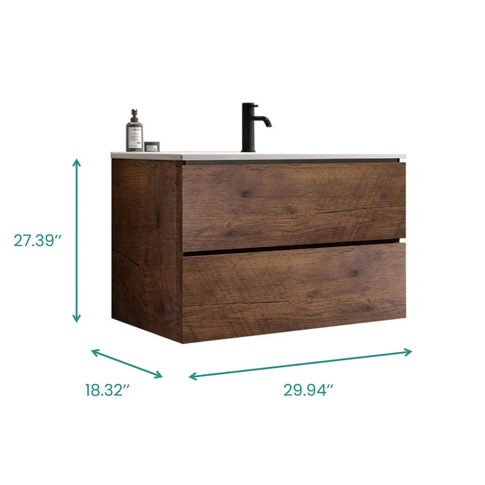 Wall Mount 30' Walnut Bathroom Vanity with Ceramic Sink with Single hole, Large Storage Floating Bathroom Vanity for Modern Bathroom, One-Piece Sink Basin without Drain, Pre-assembled Default -DTYStore