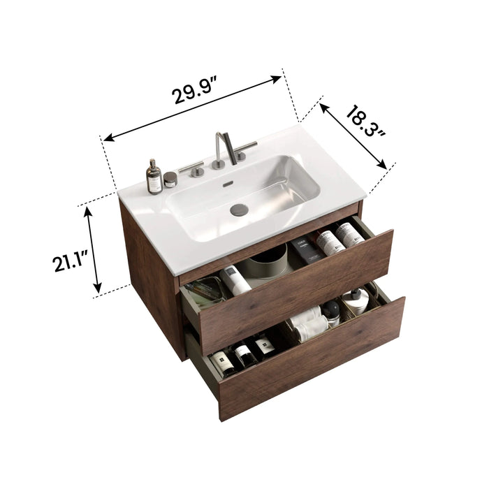 Wall Mount 30' Walnut Bathroom Vanity with Ceramic Sink with three faucet holes, Large Storage Floating Bathroom Vanity for Modern Bathroom, One-Piece Sink Basin without Drain, Pre-assembled Default -DTYStore