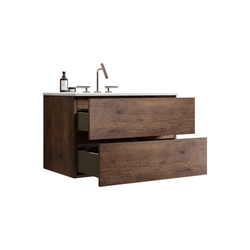 Wall Mount 30' Walnut Bathroom Vanity with Ceramic Sink with three faucet holes, Large Storage Floating Bathroom Vanity for Modern Bathroom, One-Piece Sink Basin without Drain, Pre-assembled Default -DTYStore
