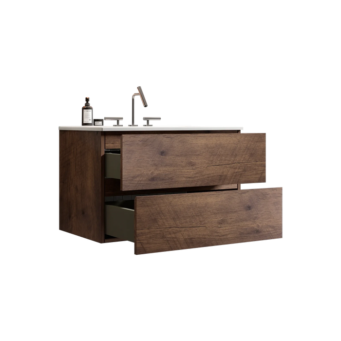 Wall Mount 30' Walnut Bathroom Vanity with Ceramic Sink with three faucet holes, Large Storage Floating Bathroom Vanity for Modern Bathroom, One-Piece Sink Basin without Drain, Pre-assembled Default -DTYStore