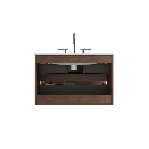 Wall Mount 30' Walnut Bathroom Vanity with Ceramic Sink with three faucet holes, Large Storage Floating Bathroom Vanity for Modern Bathroom, One-Piece Sink Basin without Drain, Pre-assembled Default -DTYStore