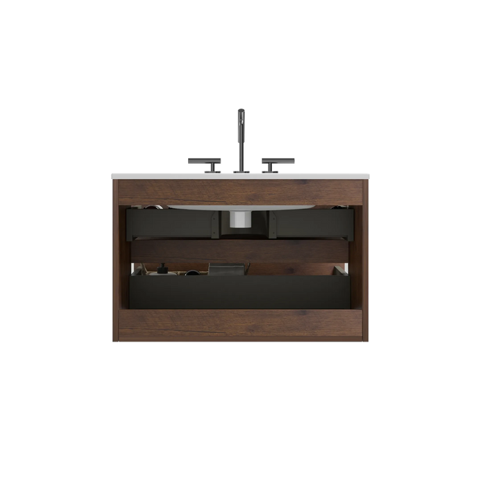 Wall Mount 30' Walnut Bathroom Vanity with Ceramic Sink with three faucet holes, Large Storage Floating Bathroom Vanity for Modern Bathroom, One-Piece Sink Basin without Drain, Pre-assembled Default -DTYStore