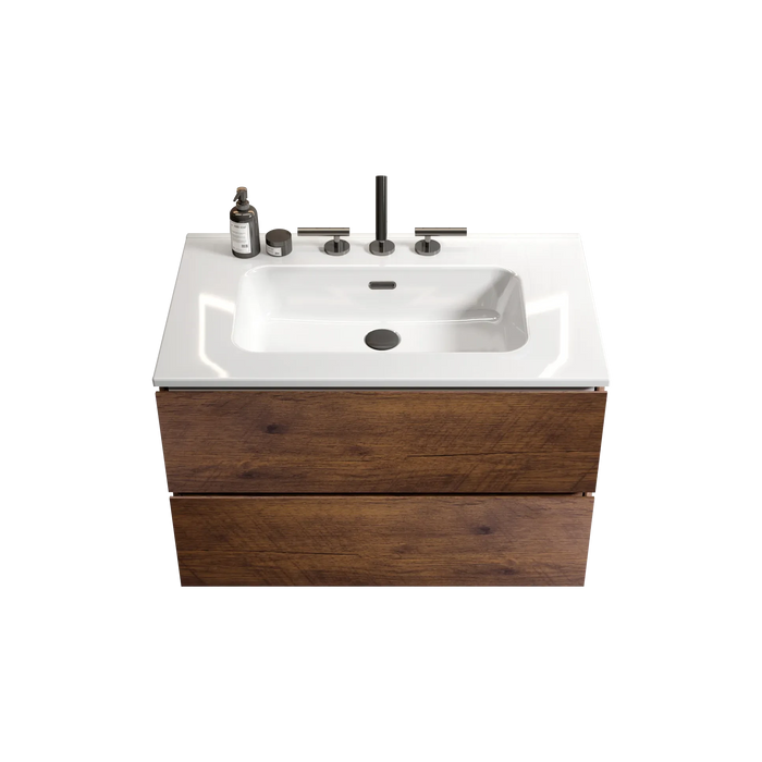 Wall Mount 30' Walnut Bathroom Vanity with Ceramic Sink with three faucet holes, Large Storage Floating Bathroom Vanity for Modern Bathroom, One-Piece Sink Basin without Drain, Pre-assembled Default -DTYStore