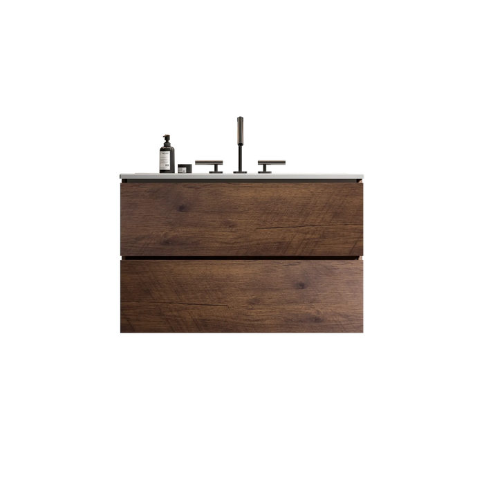 Wall Mount 30' Walnut Bathroom Vanity with Ceramic Sink with three faucet holes, Large Storage Floating Bathroom Vanity for Modern Bathroom, One-Piece Sink Basin without Drain, Pre-assembled Default -DTYStore