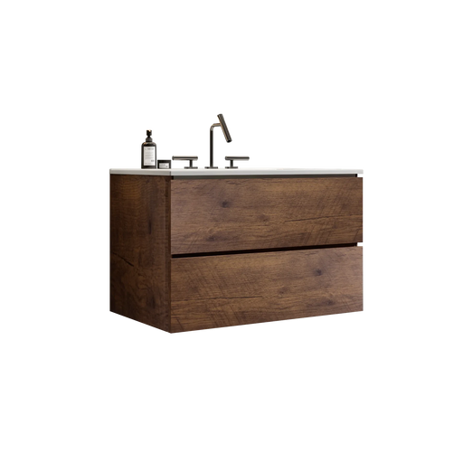 Wall Mount 30' Walnut Bathroom Vanity with Ceramic Sink with three faucet holes, Large Storage Floating Bathroom Vanity for Modern Bathroom, One-Piece Sink Basin without Drain, Pre-assembled Default -DTYStore