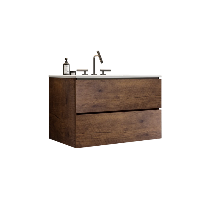 Wall Mount 30' Walnut Bathroom Vanity with Ceramic Sink with three faucet holes, Large Storage Floating Bathroom Vanity for Modern Bathroom, One-Piece Sink Basin without Drain, Pre-assembled Default -DTYStore