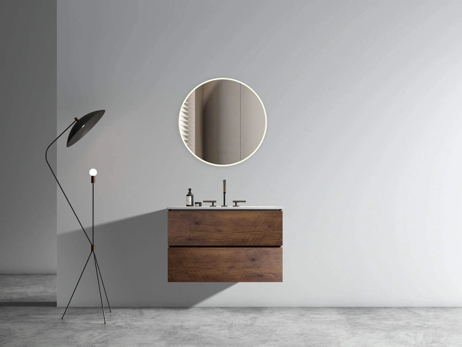 Wall Mount 30' Walnut Bathroom Vanity with Ceramic Sink with three faucet holes, Large Storage Floating Bathroom Vanity for Modern Bathroom, One-Piece Sink Basin without Drain, Pre-assembled Default -DTYStore