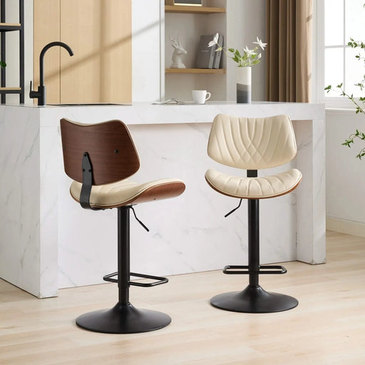 Walnut Bentwood Bar Stools Mid Century Modern Adjustable Counter Height Black Leather Upholstered 360°Swivel Bar Chairs for Kitchen Island/Dining Room/Cafe, 1 chair/1carton,Beige Default -DTYStore